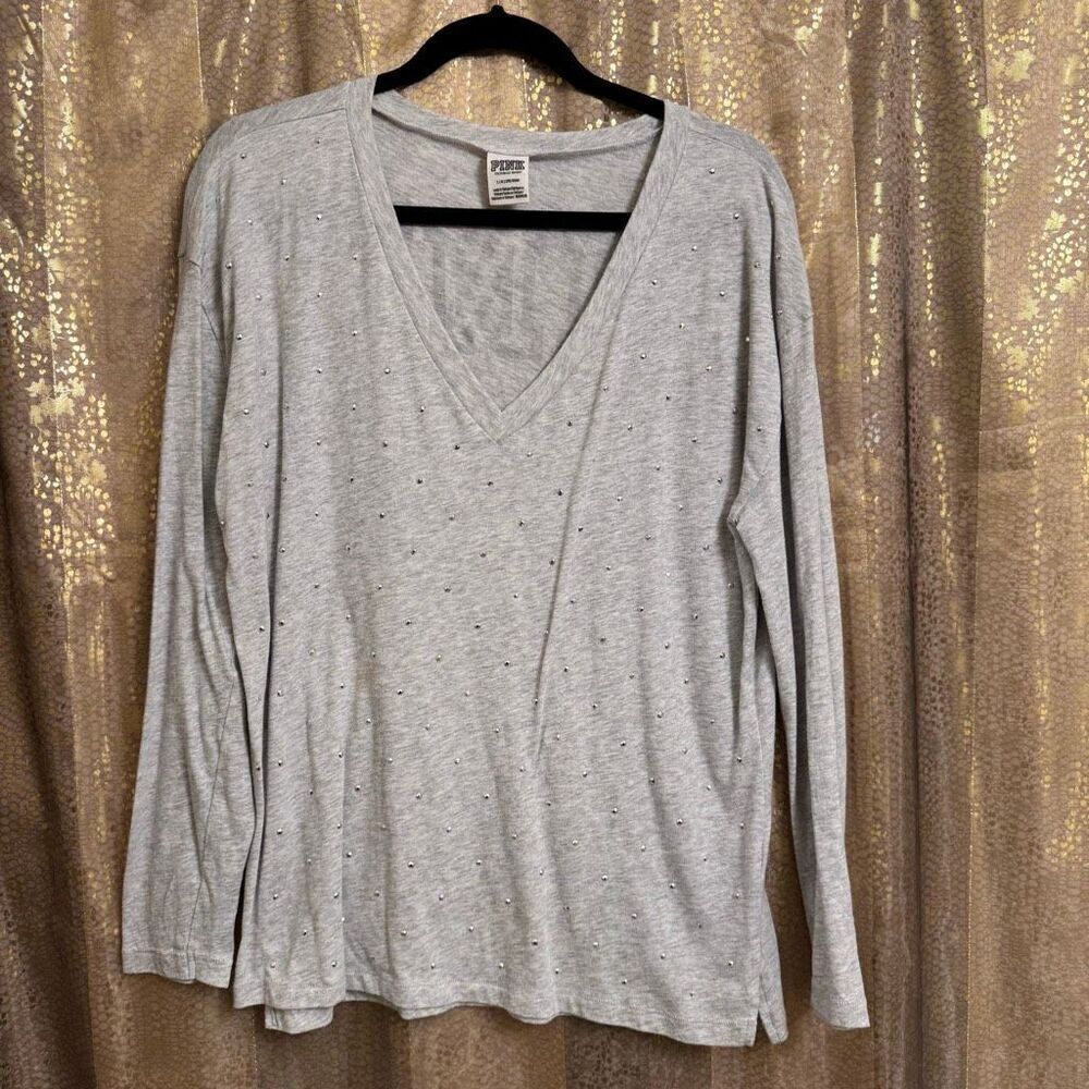PINK Victorias Secret Gray Rhinestone Glitter Logo V Neck Top Large